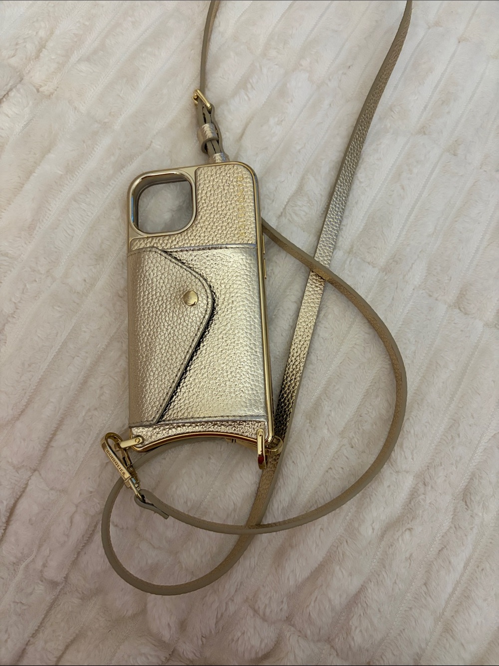 Gold Bandolier iPhone 15 Crossbody Case with gold Trim and leather Strap - Picture 2 of 6
